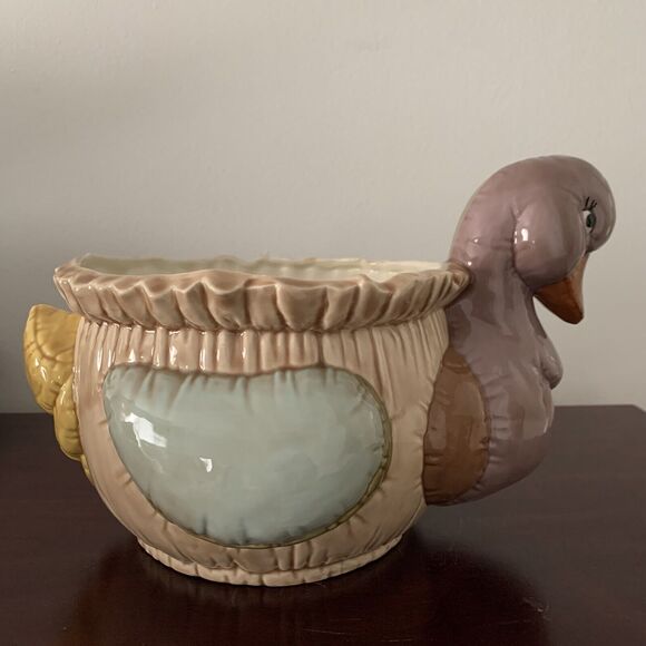 Vintage 1987 Duck/Goose Ceramic Planter Signed REHM Tan/Green/Orange 7" X 6" - Picture 6 of 12